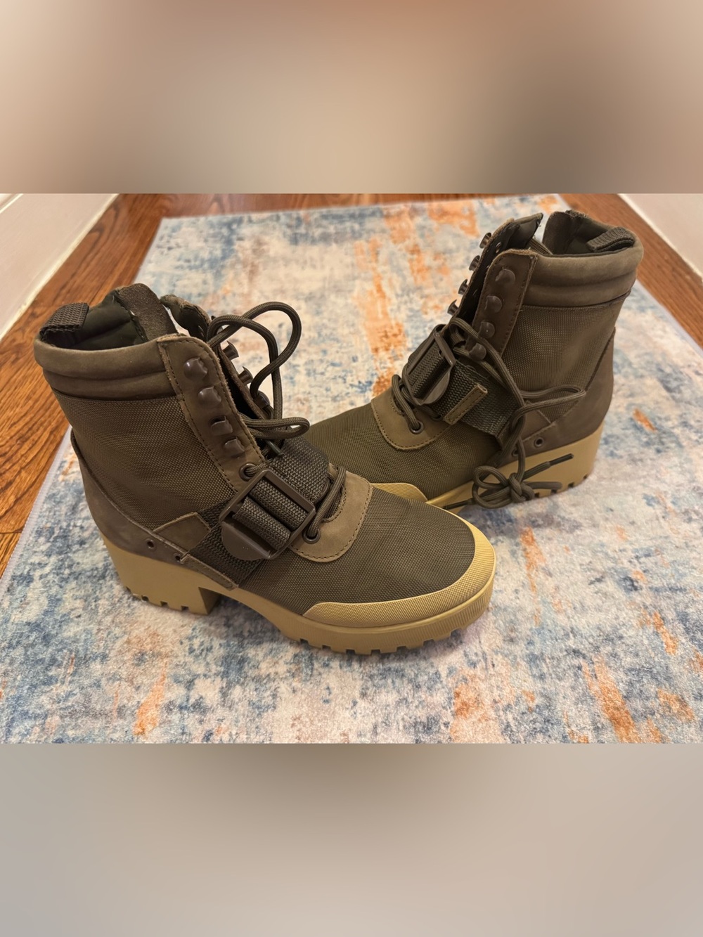 Steve Madden Olive Green Grady Combat Boots with Tan Sole